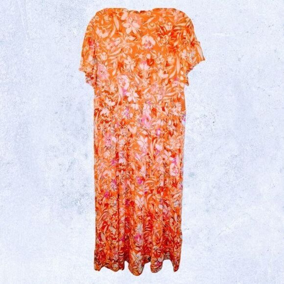 TORRID PLUS SIZE LACE- UP TEA LENGTH CRINKLE GAUZE FLORAL CORAL DRESS. - Picture 10 of 16